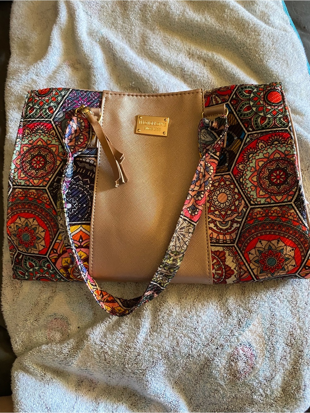 Belo Horizonte shimmer Taupe Tote with Colorful Patterned Strap and Gold Plaque